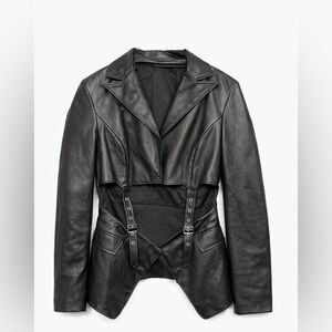 Edgy Black Faux Leather Cropped Jacket Buckle Waist Cinched Moto Style M